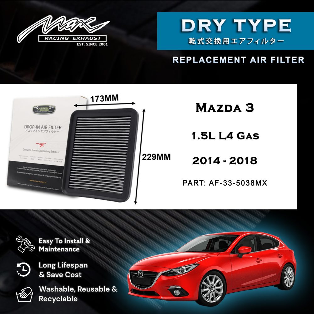 33-5038MX Performance Drop-in Air Filter for Mazda 3 1.5L L4 Gas